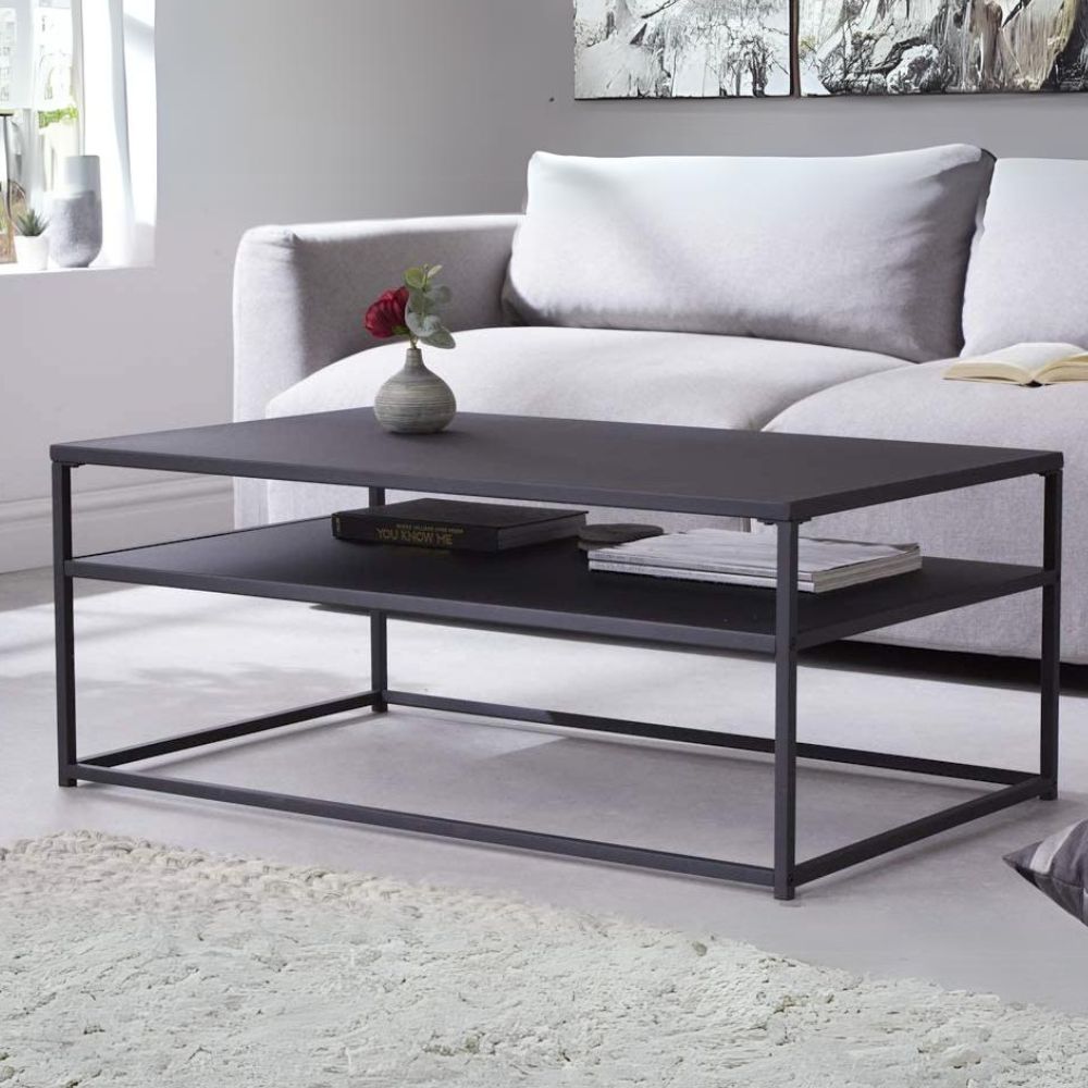 Eleganter Couchtisch mit Ablage ACERO 100cm schwarz Metall – LebensWohnArt