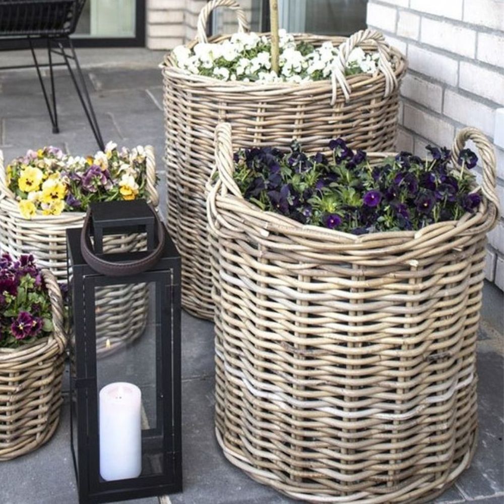 Natur Rattankorb BAKUL rund Grey 50cm Pflanzkorb Inlay Griffe