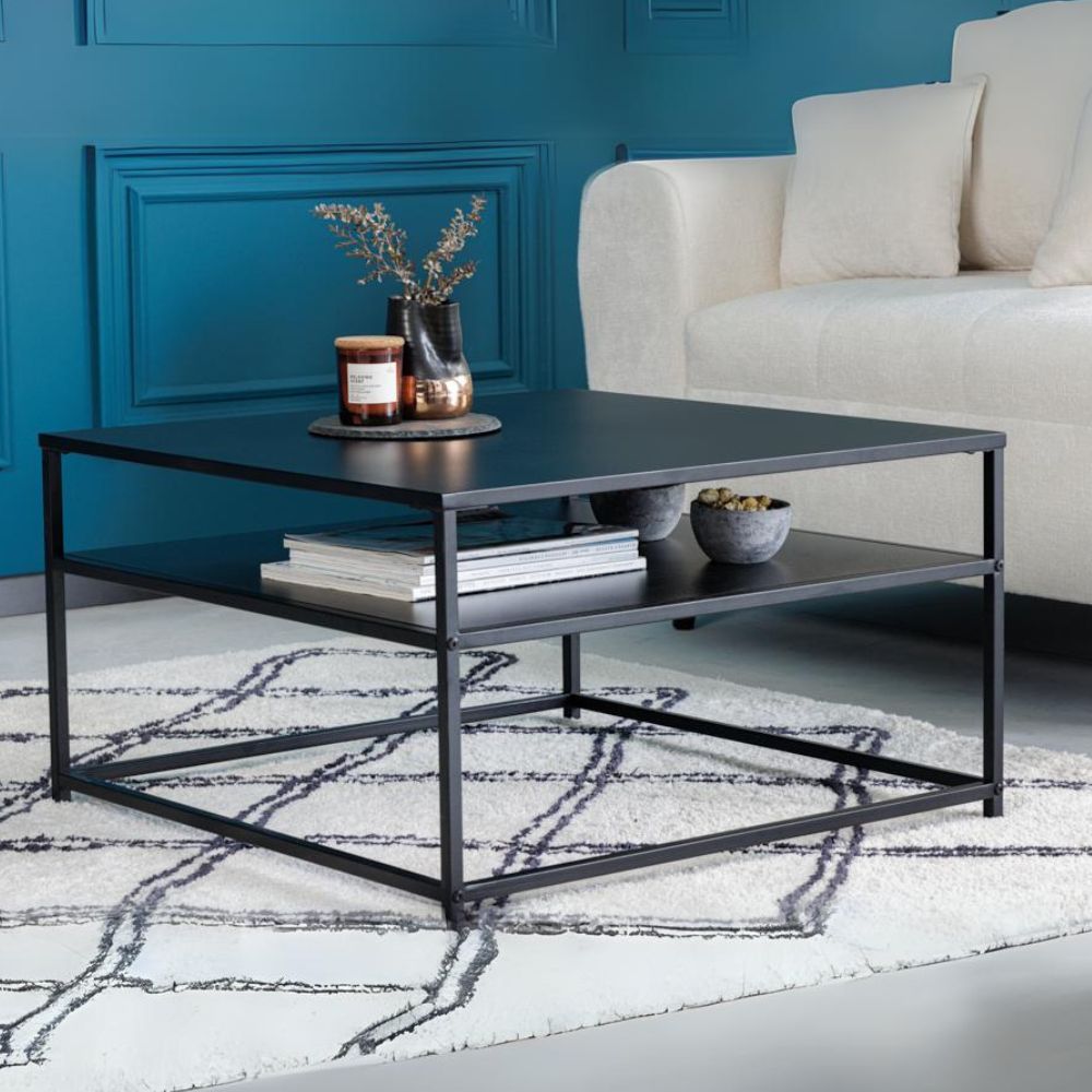 Eleganter Couchtisch mit Ablage ACERO 70cm schwarz Metall – LebensWohnArt