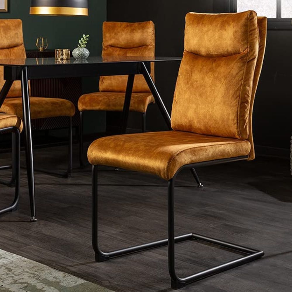 Eleganter Freischwinger Stuhl COMODO Samt senfgelb mit Griff