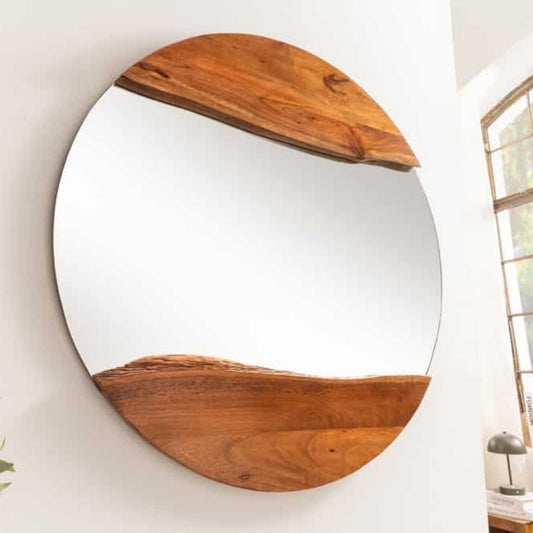 Massivholz Spiegel ROTTERDAM rund 105cm braun Akazie Wandspiegel