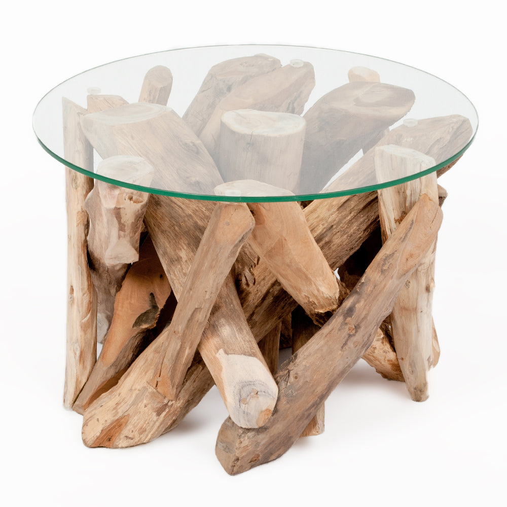 Individueller Couchtisch TORA Teakholz runde Glasplatte 60cm