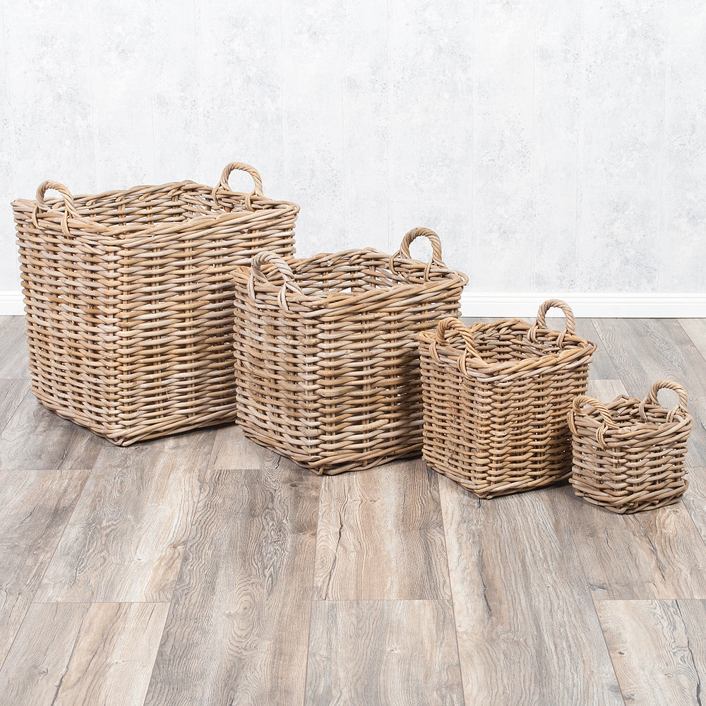 Natürlicher Rattankorb BAKUL eckig Grey 40x40cm mit Griffen