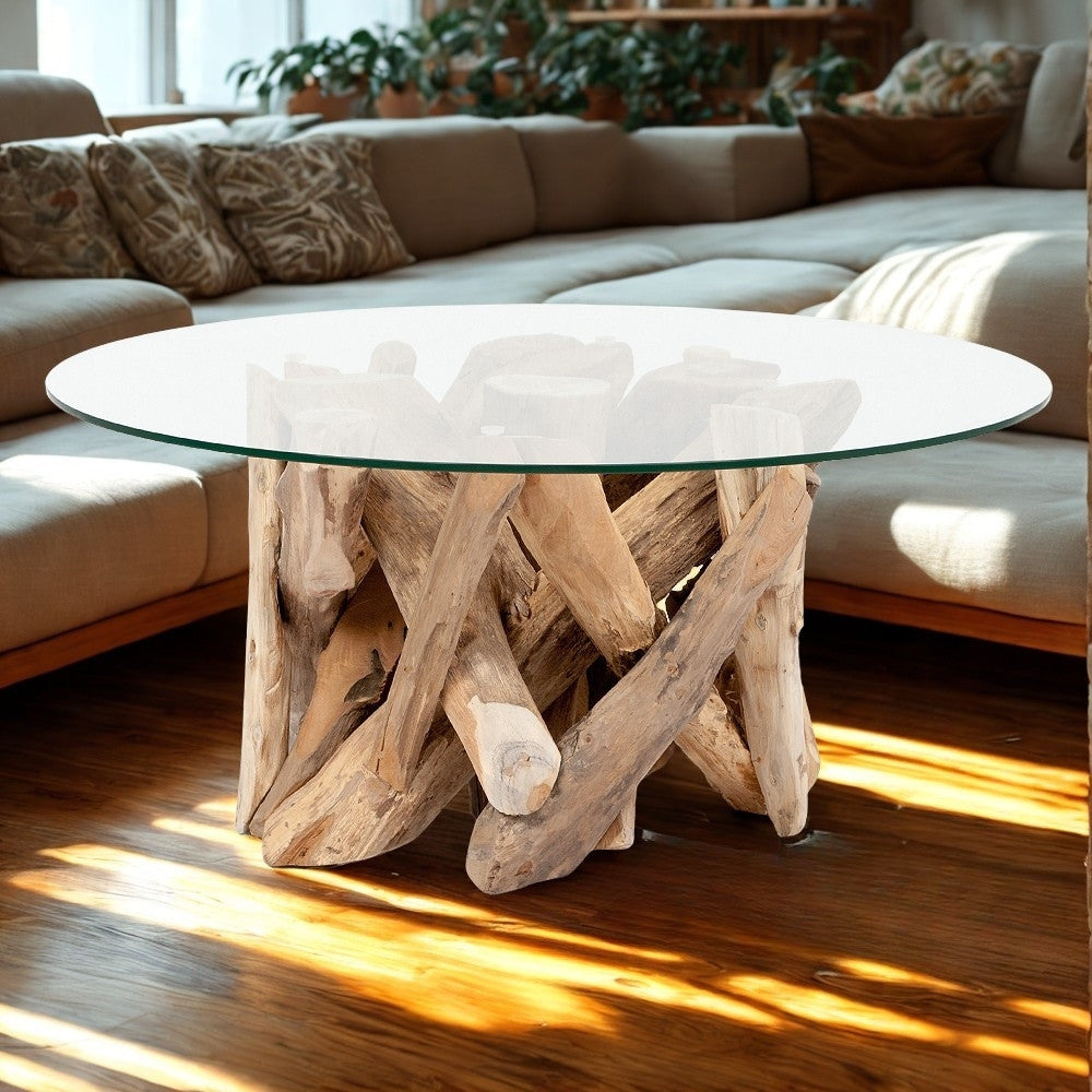 Individueller Teak Couchtisch TORA rund Glasplatte D70cm