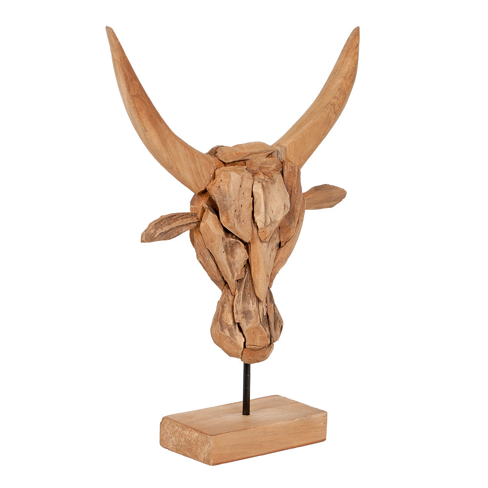 Teak Deko-Schädel BULL mit Stativ Natural