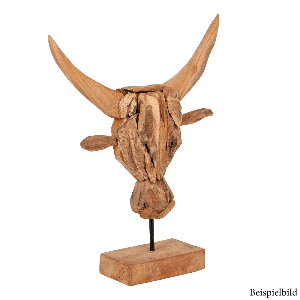 Teak Deko-Schädel BULL mit Stativ Natural