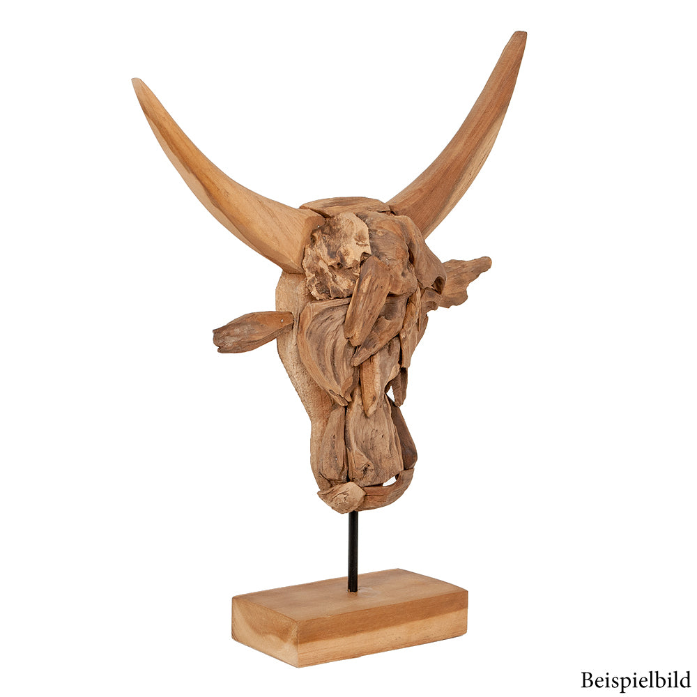 Teak Deko-Schädel BULL mit Stativ Natural