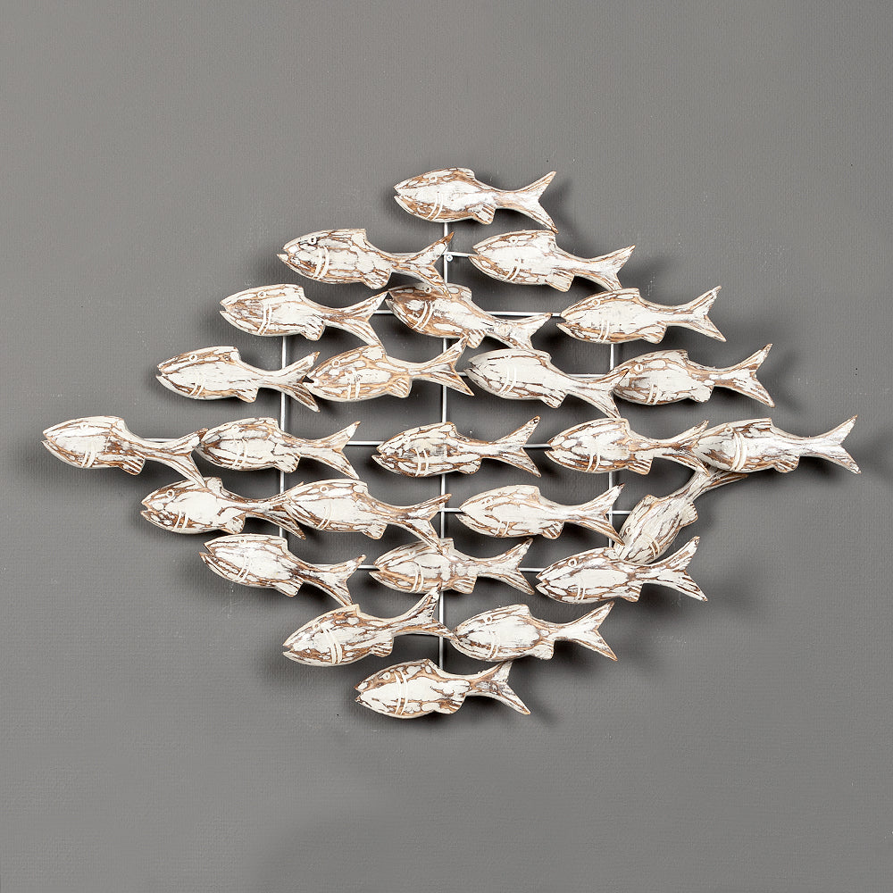 Wand-Deko IKAN White Wash ca. 80x80cm Holz Fischschwarm