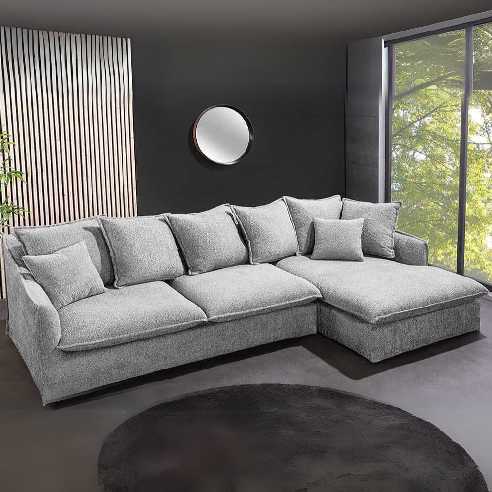 Gemütliches Hussen-Ecksofa PARADISO 255cm Bouclé grau Federkern – LebensWohnArt