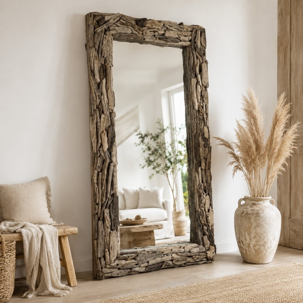 Unikat Spiegel MOSAIK 200cm Treibholz grau-braun Massivholz – LebensWohnArt
