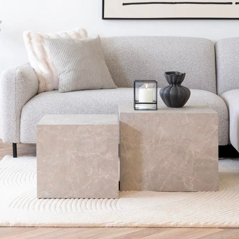 2er-Set Design Couchtisch POSTATO 50cm Marmor-Look beige creme – LebensWohnArt