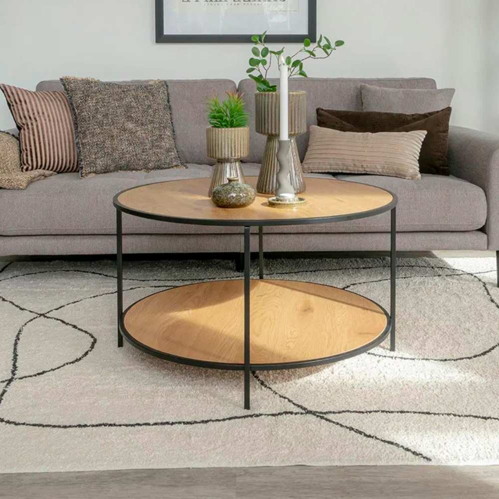 Moderner Couchtisch LEVEN 80cm Eiche-Look Industrial Design Metall – LebensWohnArt