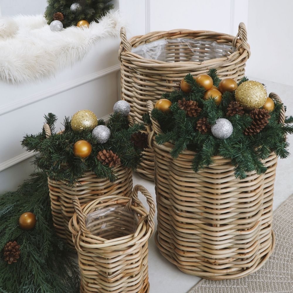 Natur Rattankorb BAKUL rund Grey 50cm Pflanzkorb Inlay Griffe