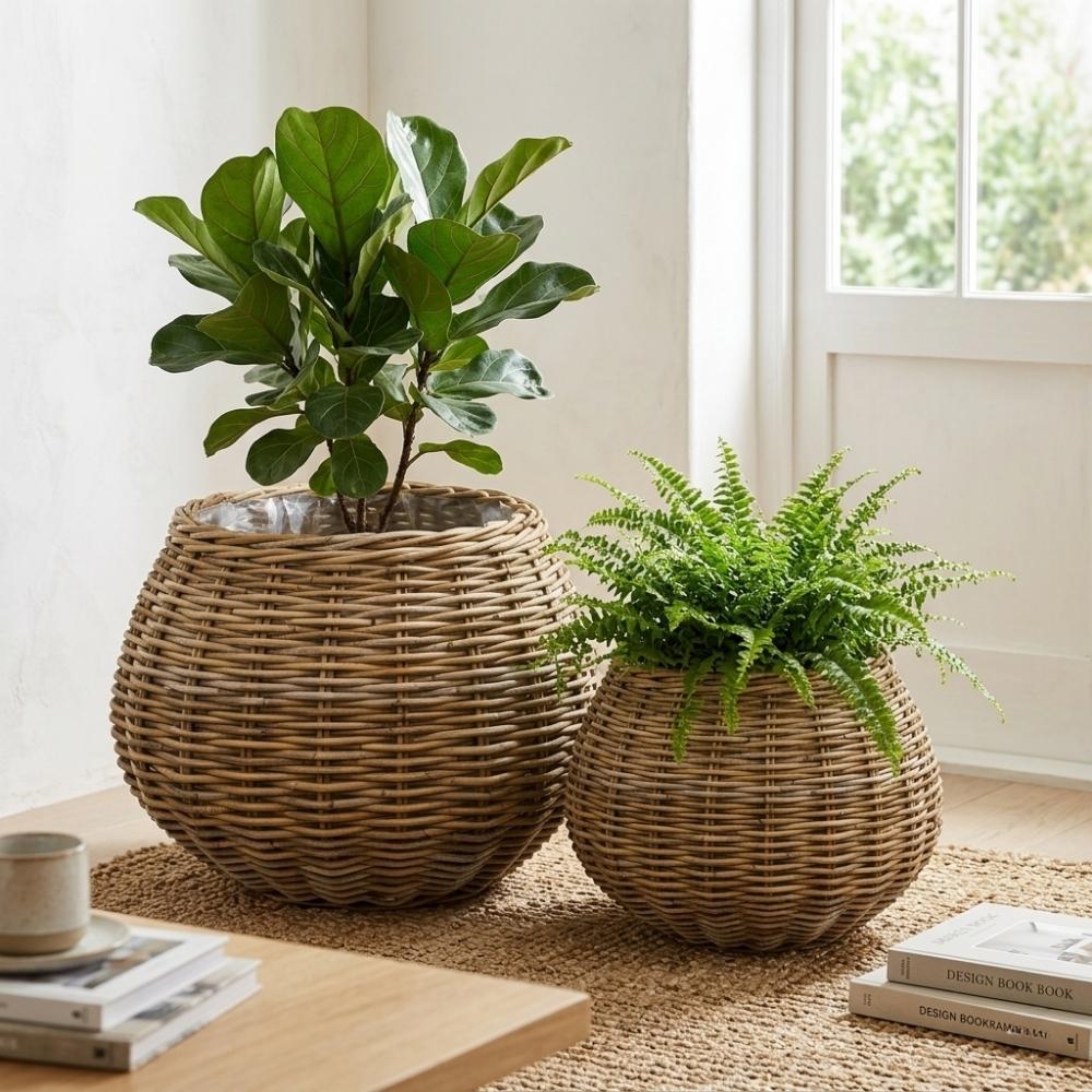 Natürliches 2-tlg. Korbset VERONA 55cm Kubu-Rattan Pflanzkorb – LebensWohnArt