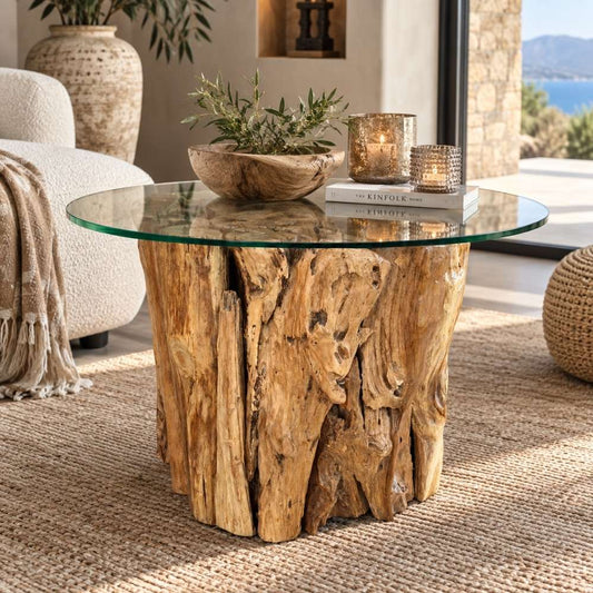 Teak Couchtisch KAYU ca. D60cm mit Glasplatte