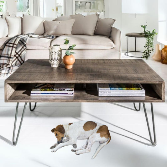 Couchtisch mit Ablagefächern ca.100cm grau ALINA Mangoholz Metallbeine