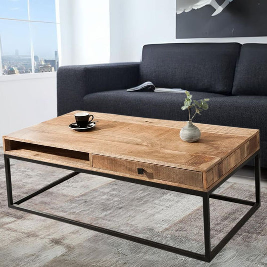 Couchtisch mit Schublade AMBA 100cm Mangoholz Metallbeine