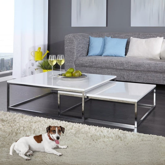 2er Set Design Couchtisch MENTO weiss hochglanz 75cm Edelstahl