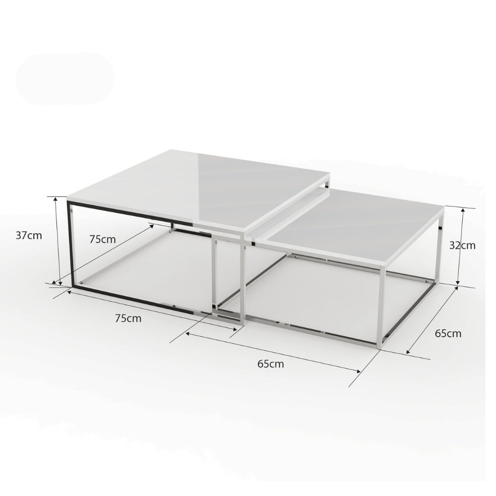 2er Set Design Couchtisch MENTO weiss hochglanz 75cm Edelstahl