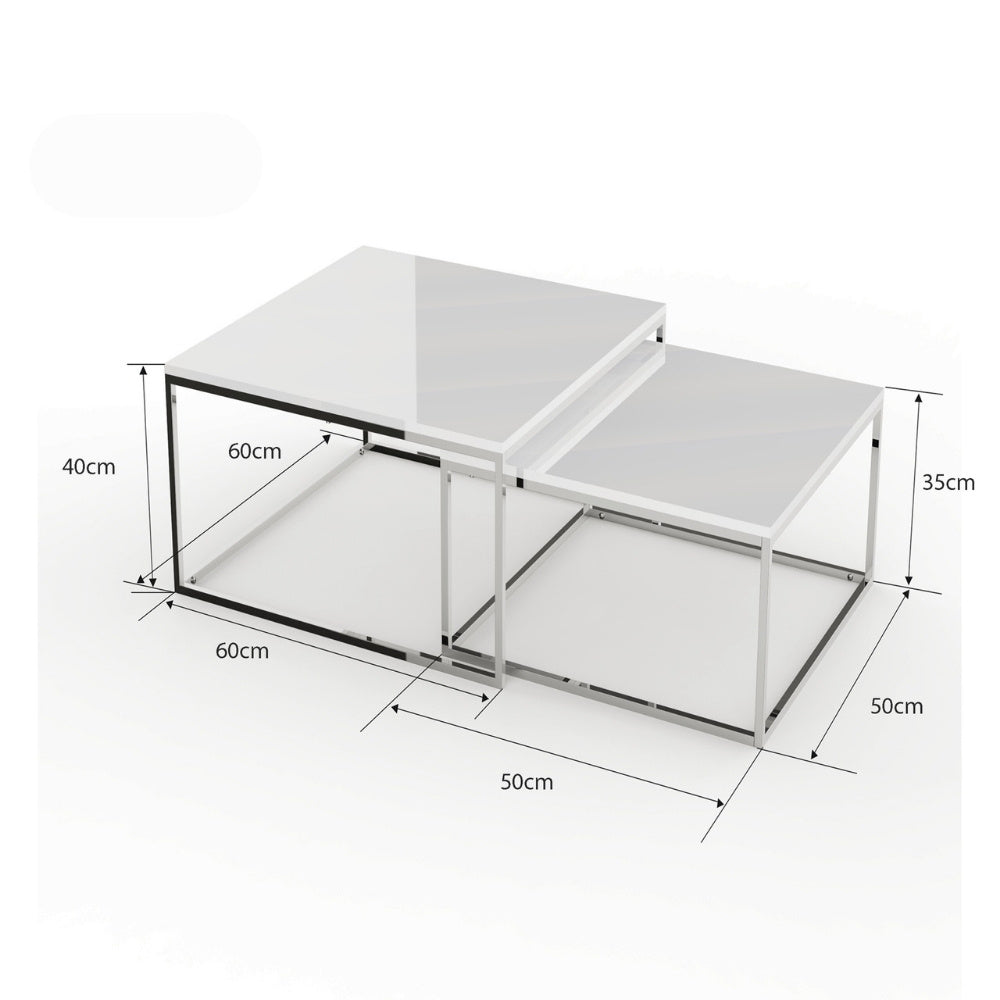 2er Set Design Couchtisch MENTO weiss hochglanz 60cm Edelstahl