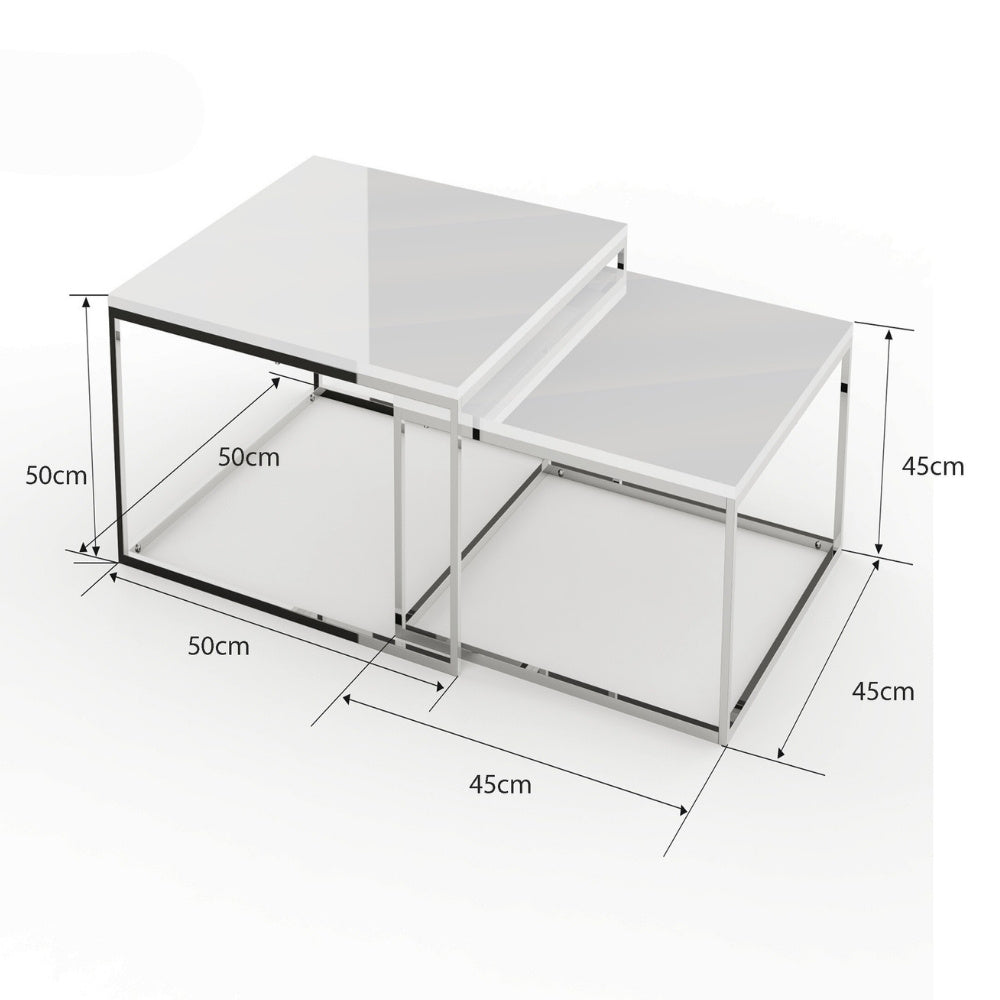 2er Set Design Beistelltisch MENTO weiss hochglanz 50cm Edelstahl