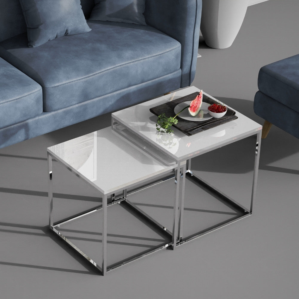 2er Set Design Beistelltisch MENTO weiss hochglanz 50cm Edelstahl – LebensWohnArt