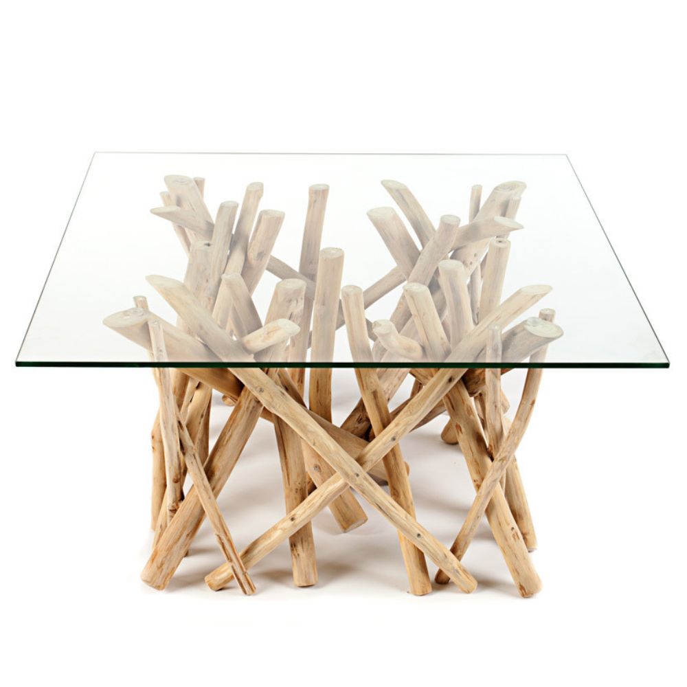 Teakholz Couchtisch DRIFT 70x70cm Glasplatte Natural