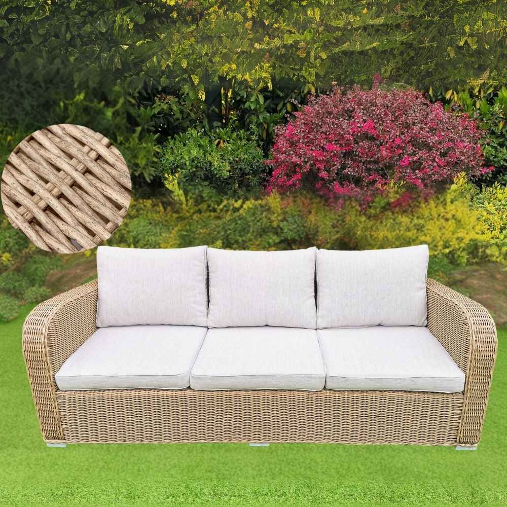 3er Lounge Sofa VITA 210cm rundes Polyrattan Natural Gartenmöbel