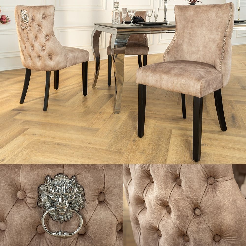 Edler Stuhl LEON Samt beige Löwenkopf Nieten Chesterfield – LebensWohnArt