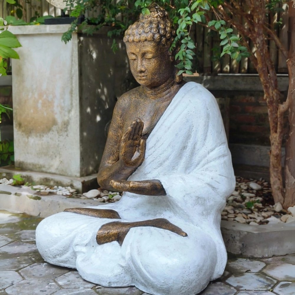 Dekorative Figur BUDDHA PROTECT 120cm weiss-gold Garten Indoor – LebensWohnArt