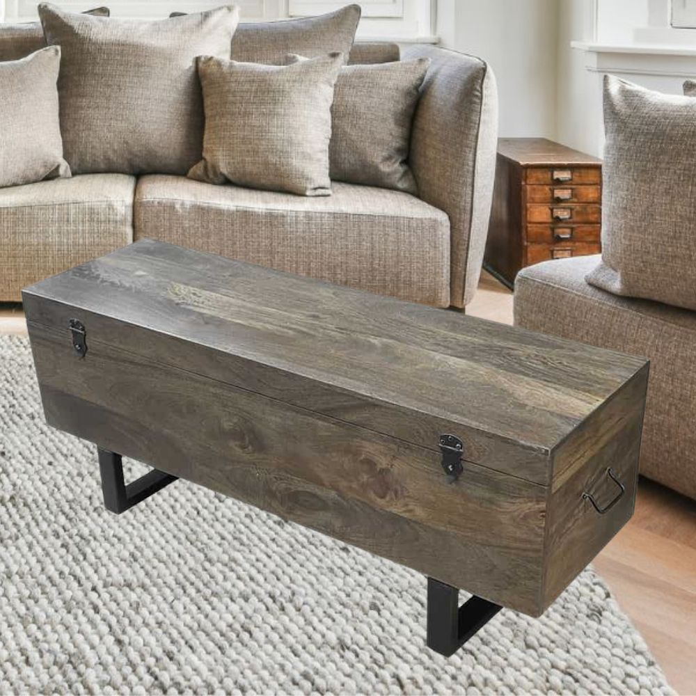 Industrial Couchtisch FABRICA 115cm braun Mangoholz Truhe – LebensWohnArt