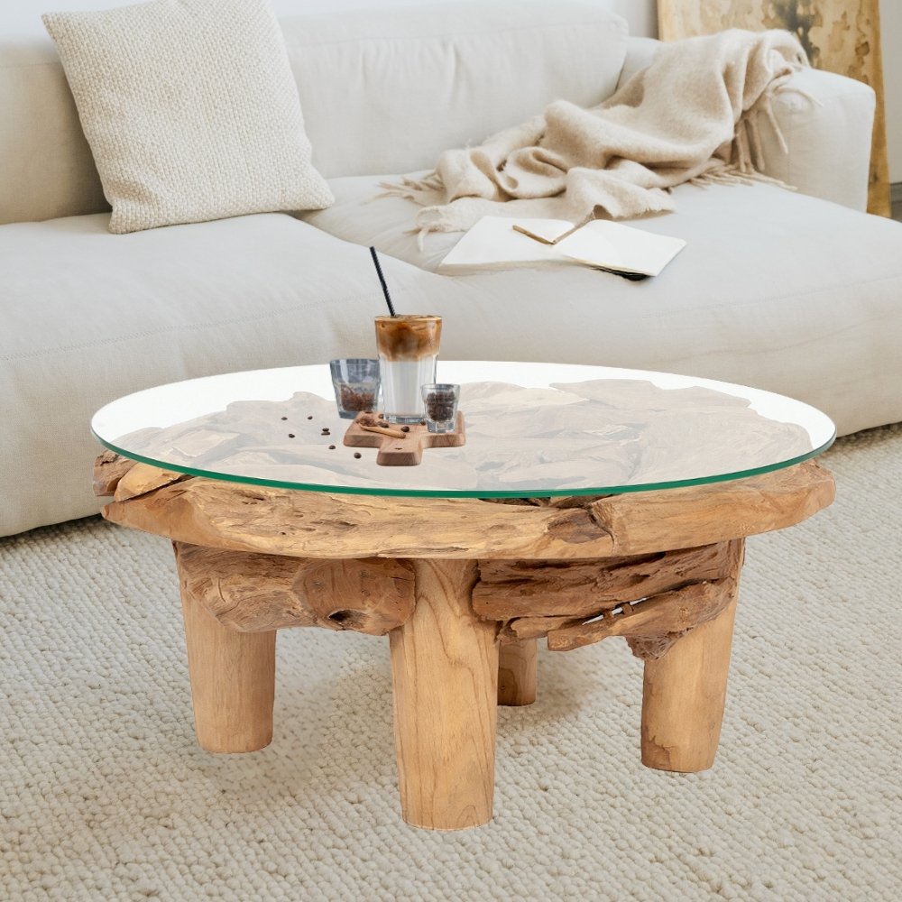 Teakwurzel Couchtisch BOSCO 80cm Natural Massivholz Glasplatte – LebensWohnArt