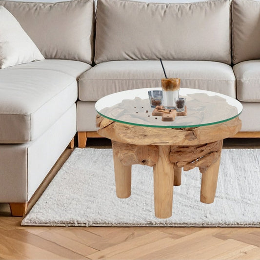 Teakwurzel Couchtisch BOSCO 60cm Natural Massivholz Glasplatte