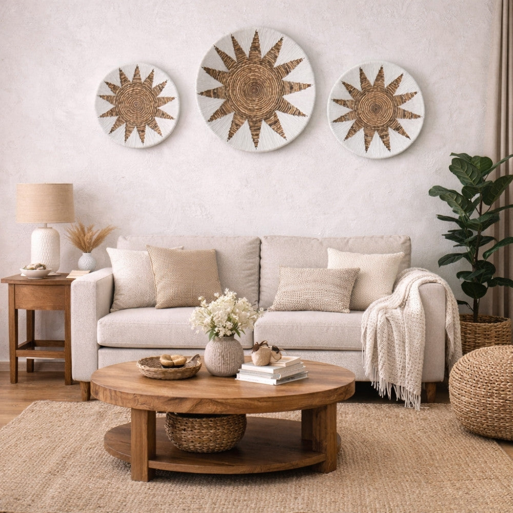 3-tlg. Wanddeko-Set SOLEIL rund 50cm natur Bast Boho Dekoration – LebensWohnArt