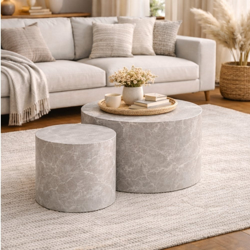 2er Couchtisch-Set POSTATO 50cm rund Design Marmor-Look creme beige – LebensWohnArt