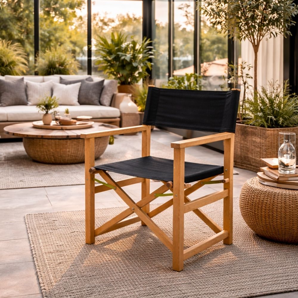 Teak Klappstuhl REGIE natural – Outdoorstoff schwarz Wintergarten – LebensWohnArt
