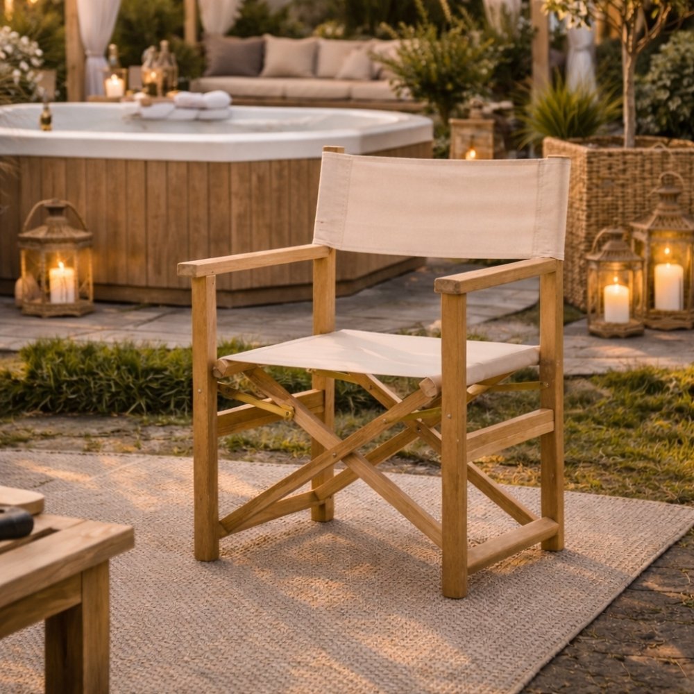Teak Klappstuhl REGIE natural – Outdoorstoff beige stone – LebensWohnArt