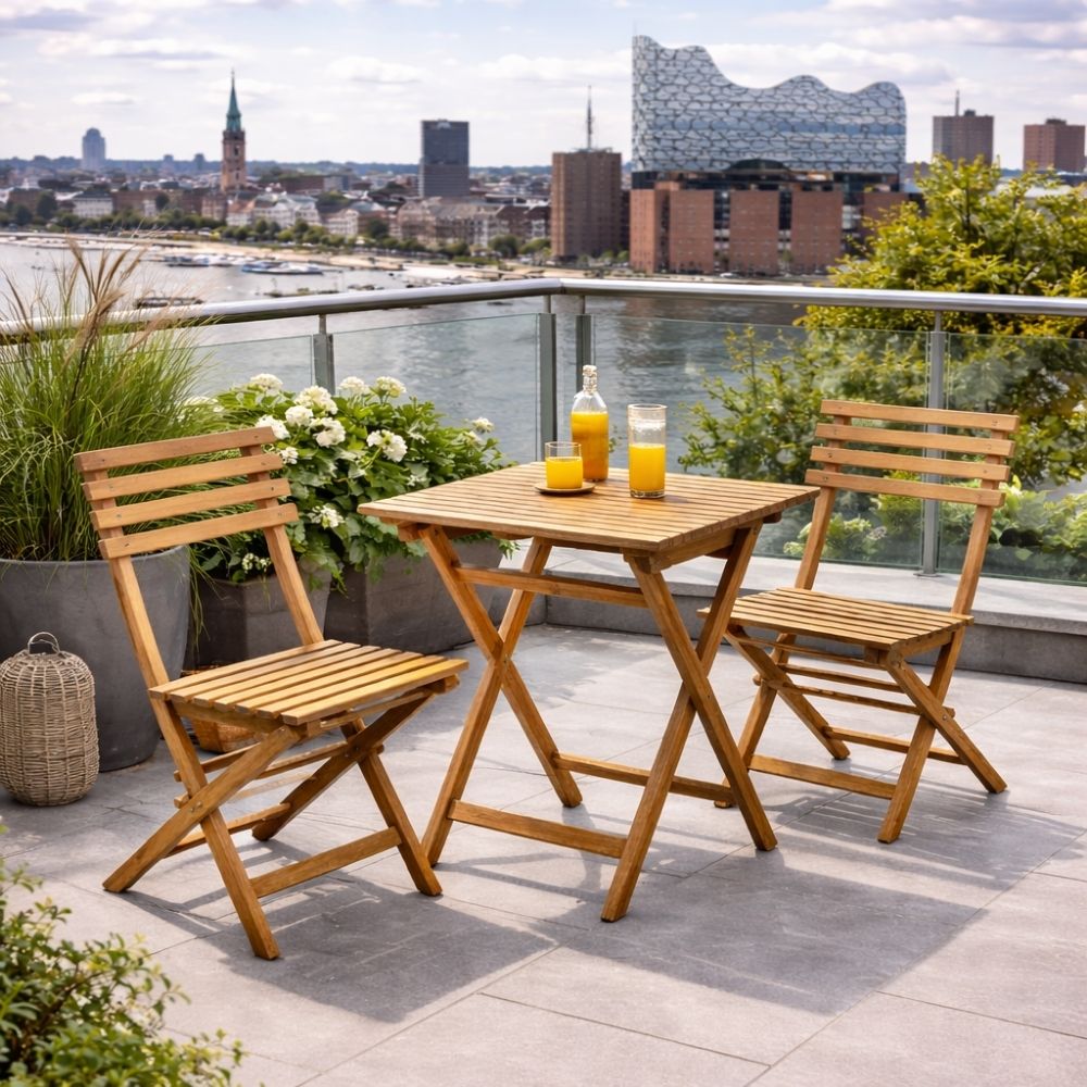 campingstühle und tische Teak Set BISTRO – 3-tlg. Balkonmöbel Balkonset Stühle + Tisch –  Kundensupport-Hilfe