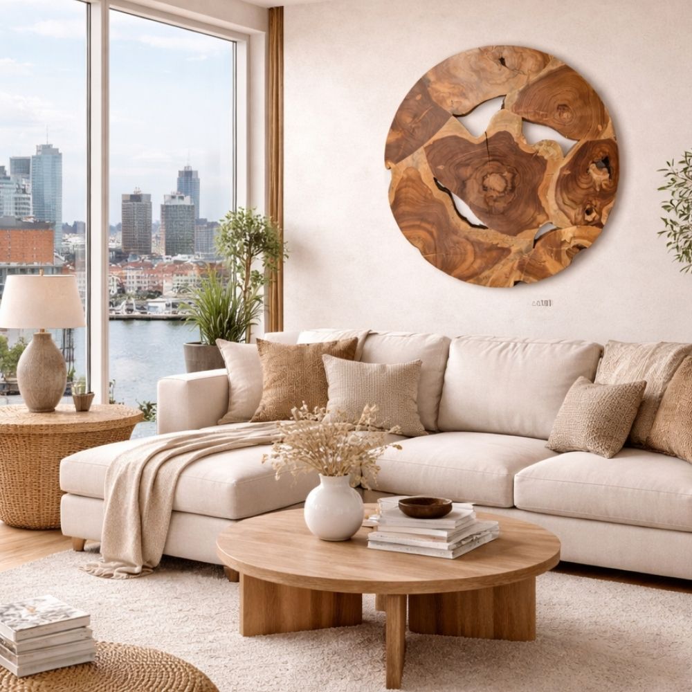 Wand-Deko aus Teakholz BAGIAN rund 80 cm Unikat Wandbild – LebensWohnArt