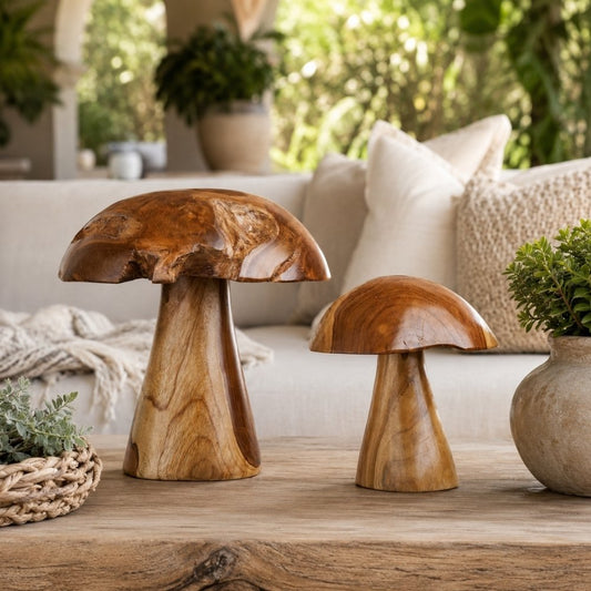 2er Set Teak-Deko-Pilze JAMUR 35cm natürliche Holzdeko Garten