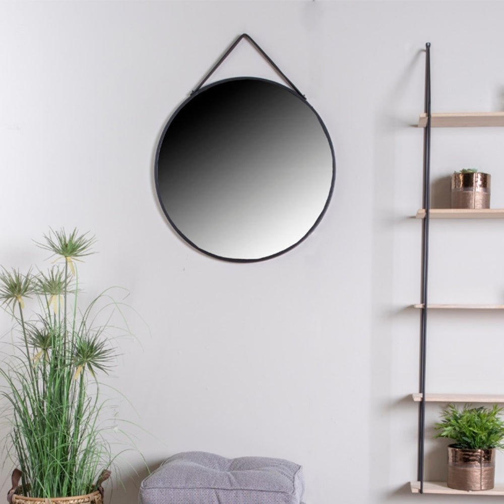 Moderner Spiegel PANIR 60cm rund schwarzer Metallrahmen Gurt