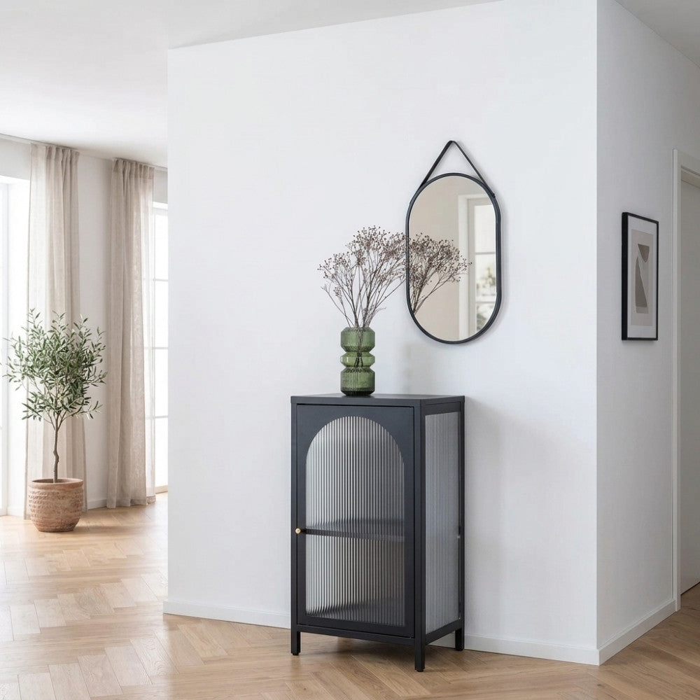 Moderner Spiegel PANIR 60cm oval schwarzer Metallrahmen Gurt