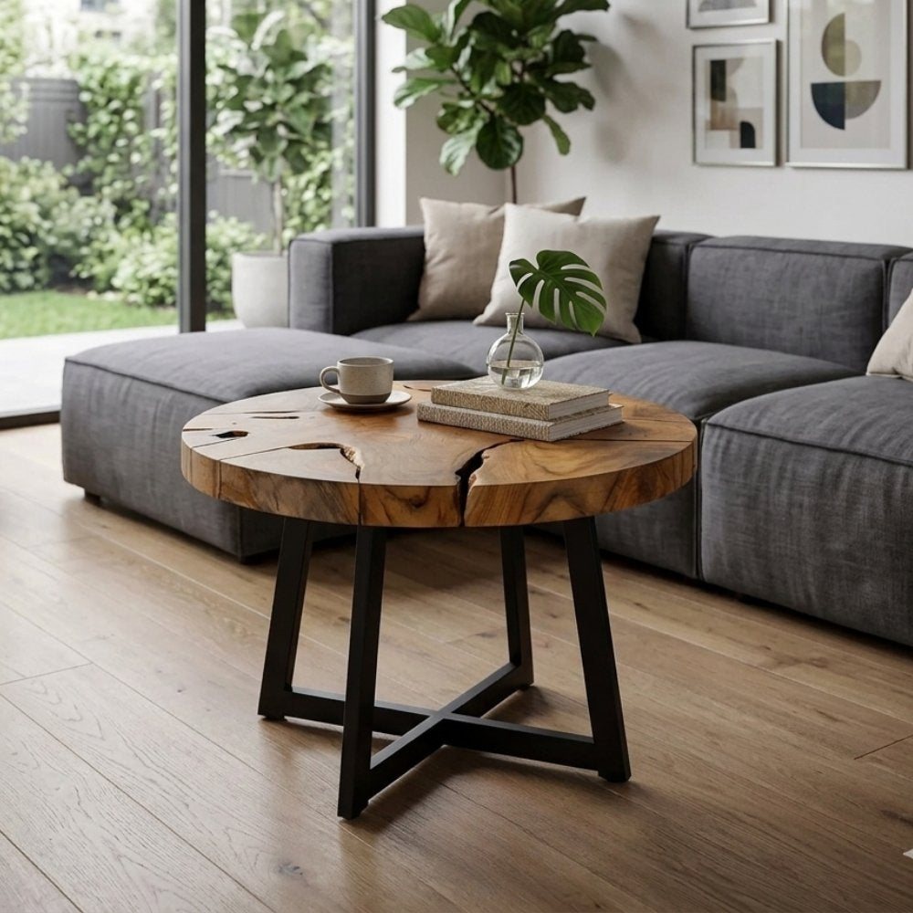 Runder Massivholz Couchtisch BAGIAN 80cm Teak natural Metall – LebensWohnArt