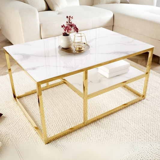 Design Couchtisch MARMO 90x60cm weiss gold Marmor-Dekor