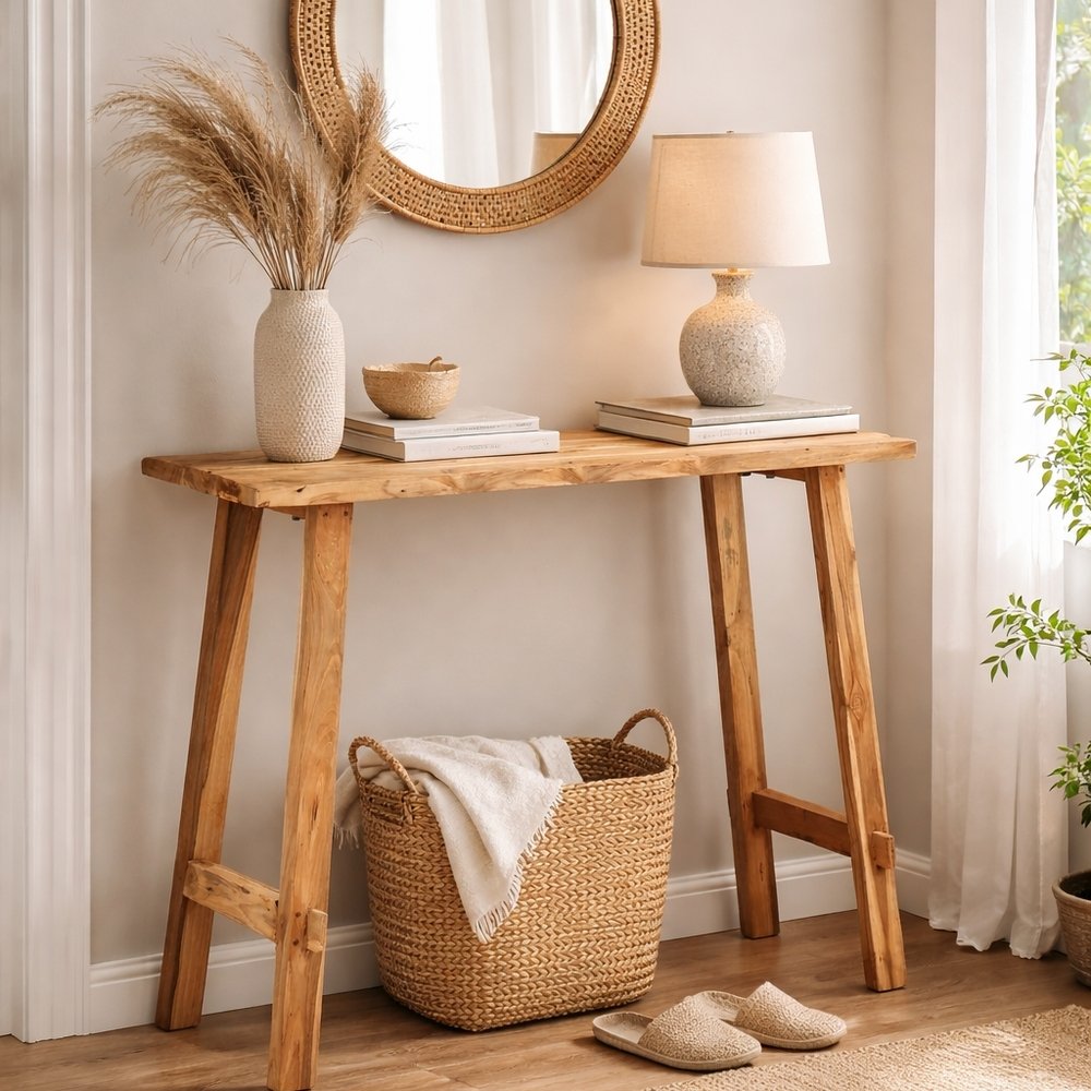 Massivholz Konsolentisch NIRONA 90cm recyceltes Teakholz Konsole – LebensWohnArt