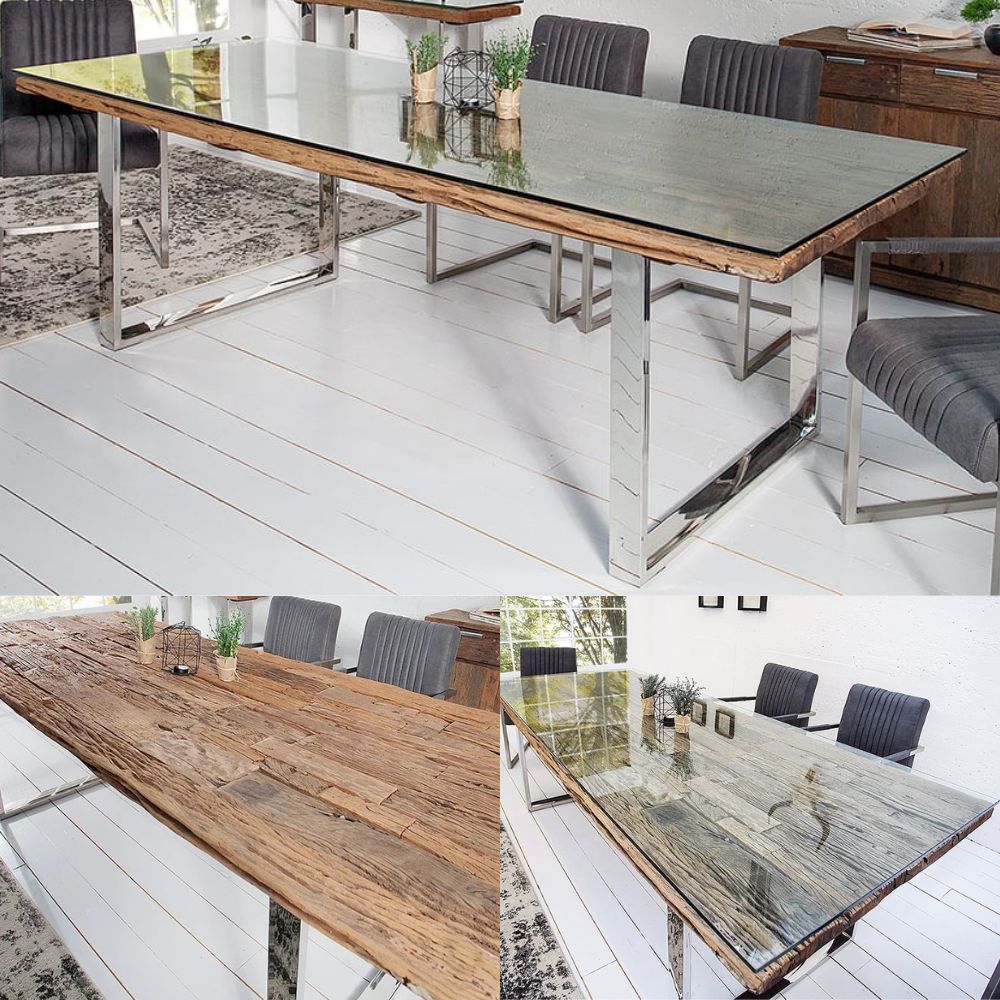 Unikat Esstisch OLD TEAK 200cm inkl. Glasplatte und Stahlgestell