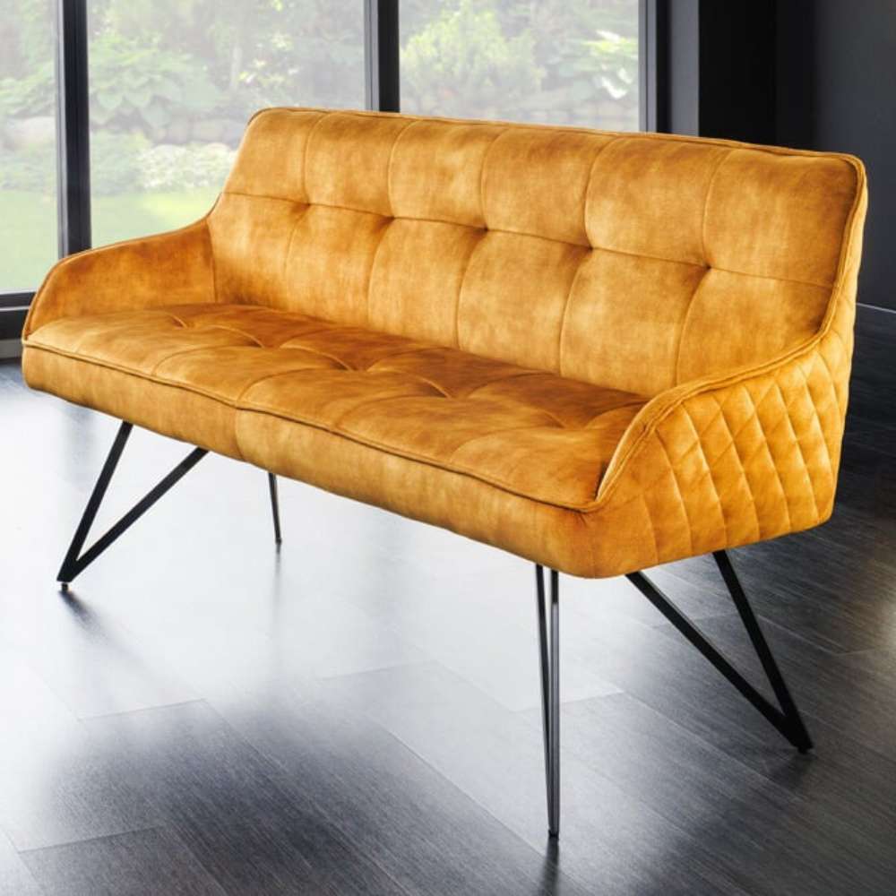 Elegante Sitzbank HORA ca.160cm Samt ocker-gelb Retrostil Armlehnen – LebensWohnArt