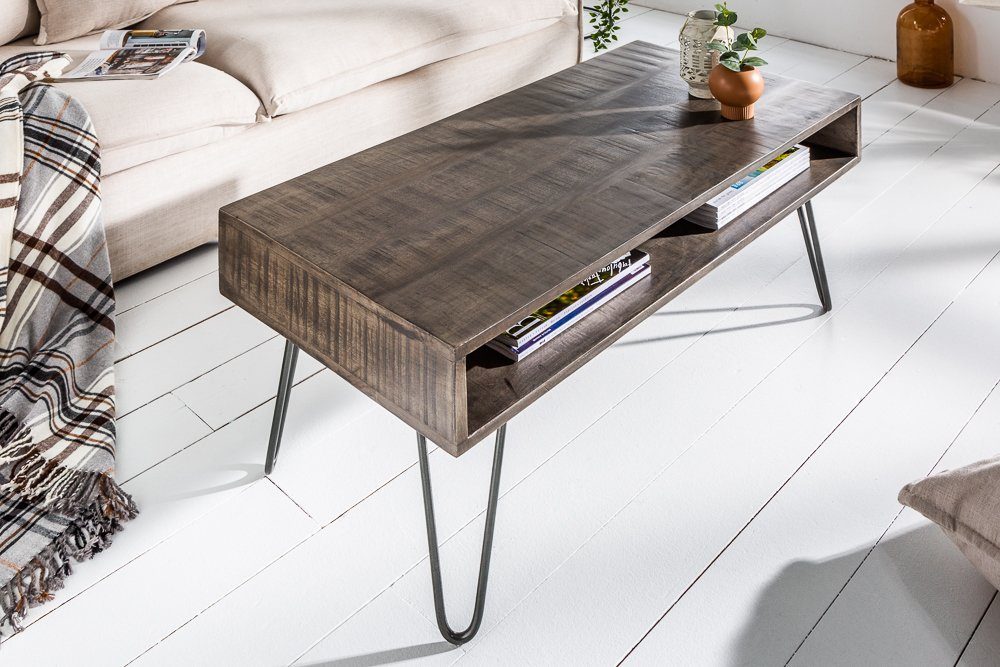 Couchtisch mit Ablagefächern ca.100cm grau ALINA Mangoholz Metallbeine