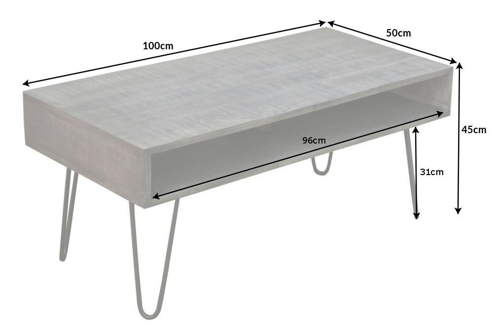Couchtisch mit Ablagefächern ca.100cm grau ALINA Mangoholz Metallbeine