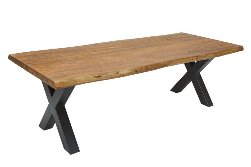Massiver Esstisch FORTE 200cm Akazie 6cm Baumkante X-Gestell
